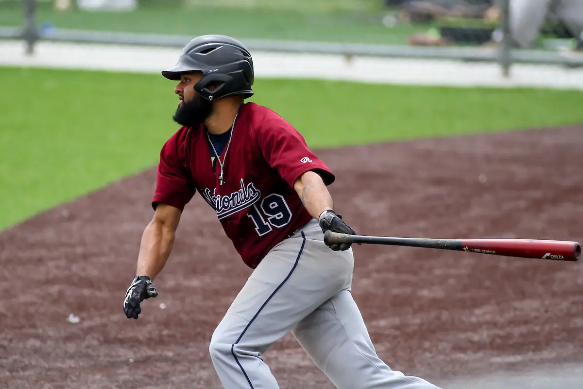 West Allis Nationals outfielder Tyrese Mitchell (19) during a game against the Green Bay Blue Ribbons on June 10, 2023 at Field of Dreams in Sheboygan, Wisconsin. (Brad Krause/Krause Sports Photography)