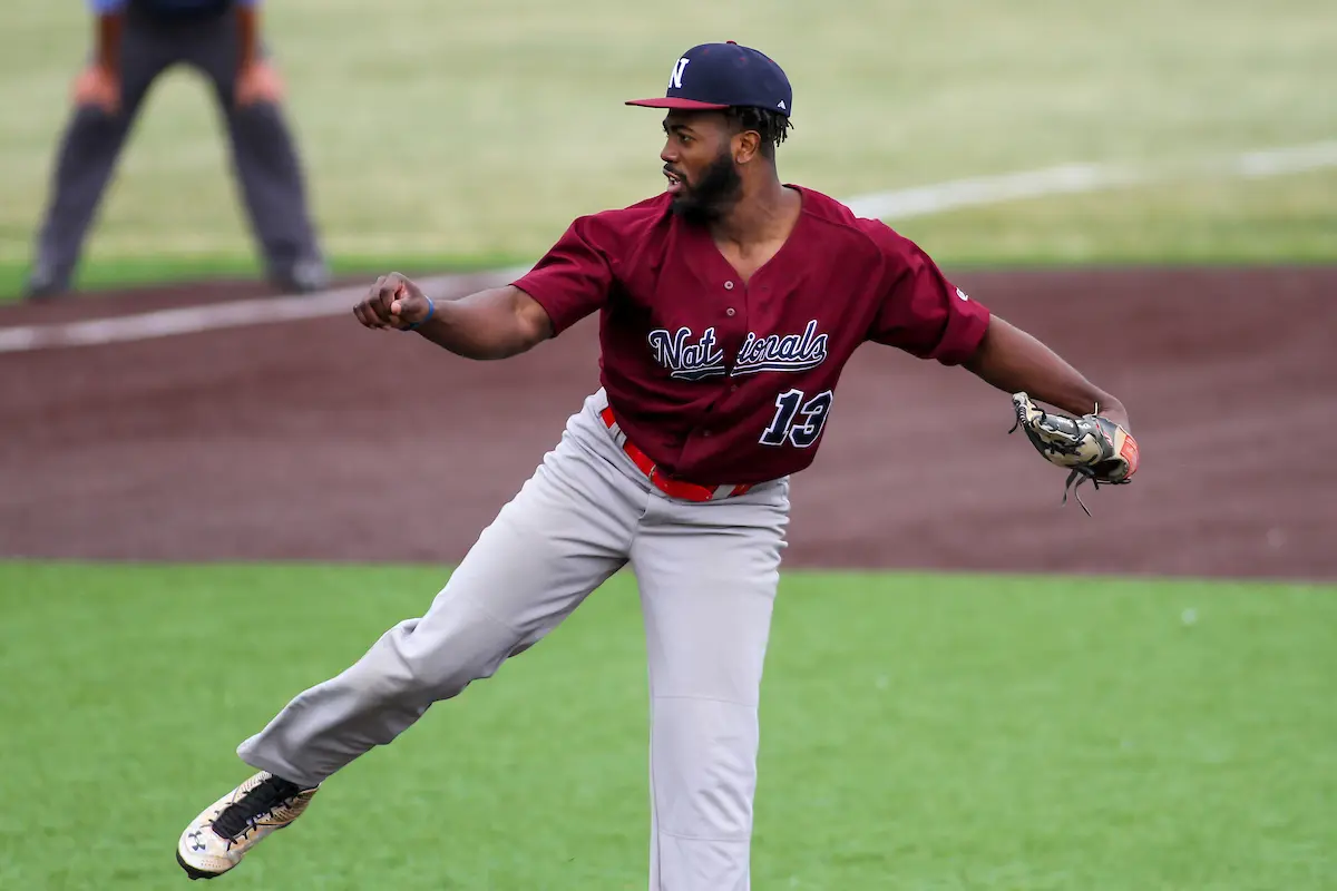 West Allis Nationals pitcher Joe Roundtree (13) during a game against the Green Bay Blue Ribbons on June 10, 2023 at Field of Dreams in Sheboygan, Wisconsin. (Brad Krause/Krause Sports Photography)