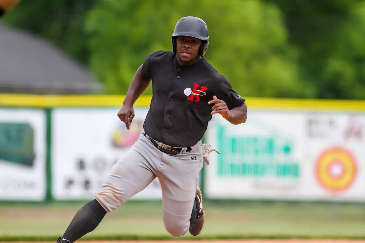 Kenosha Kings centerfielder Jarel McDade (27) during a game against the Green Bay Blue Ribbons on June 10, 2023 at Wildwood Baseball Park in Sheboygan, Wisconsin. (Brad Krause/Krause Sports Photography)