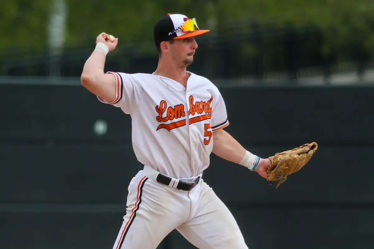 Lombard Orioles third baseman Kyle Fitzgerald (5) during a Wisconsin State League game against the Greater Green Bay Blue Ribbons on July 12, 2020 at Joannes Stadium  in Green Bay, Wisconsin. Lombard defeated Greater Green Bay 8-0.  (Brad Krause/Krause Sports Photography)