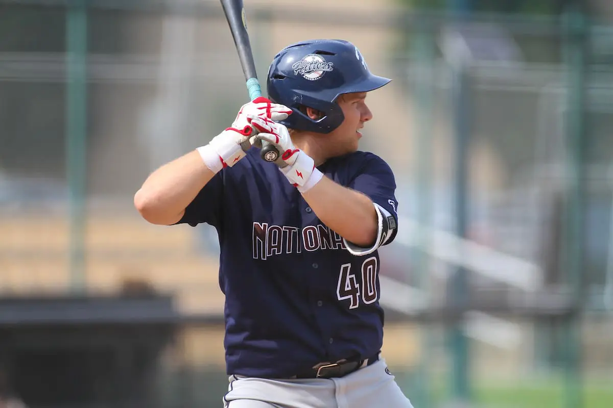 West Allis Nationals catcher Kyle Smith (40) during a game against the Green Bay Blue Ribbons on June 17, 2023 at Joannes Stadium in Green Bay, Wisconsin. (Brad Krause/Krause Sports Photography)