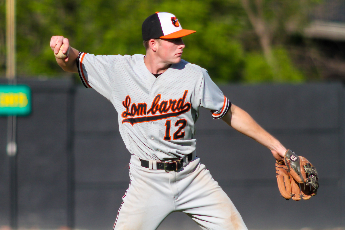 Lombard Orioles third baseman Bobby Grimes (12) during a Wisconsin State League game against the Greater Green Bay Blue RIbbons on July 11, 2020 at Joannes Stadium  in Green Bay, Wisconsin. Lombard defeated Greater Green Bay 9-2.  (Brad Krause/Krause Sports Photography)