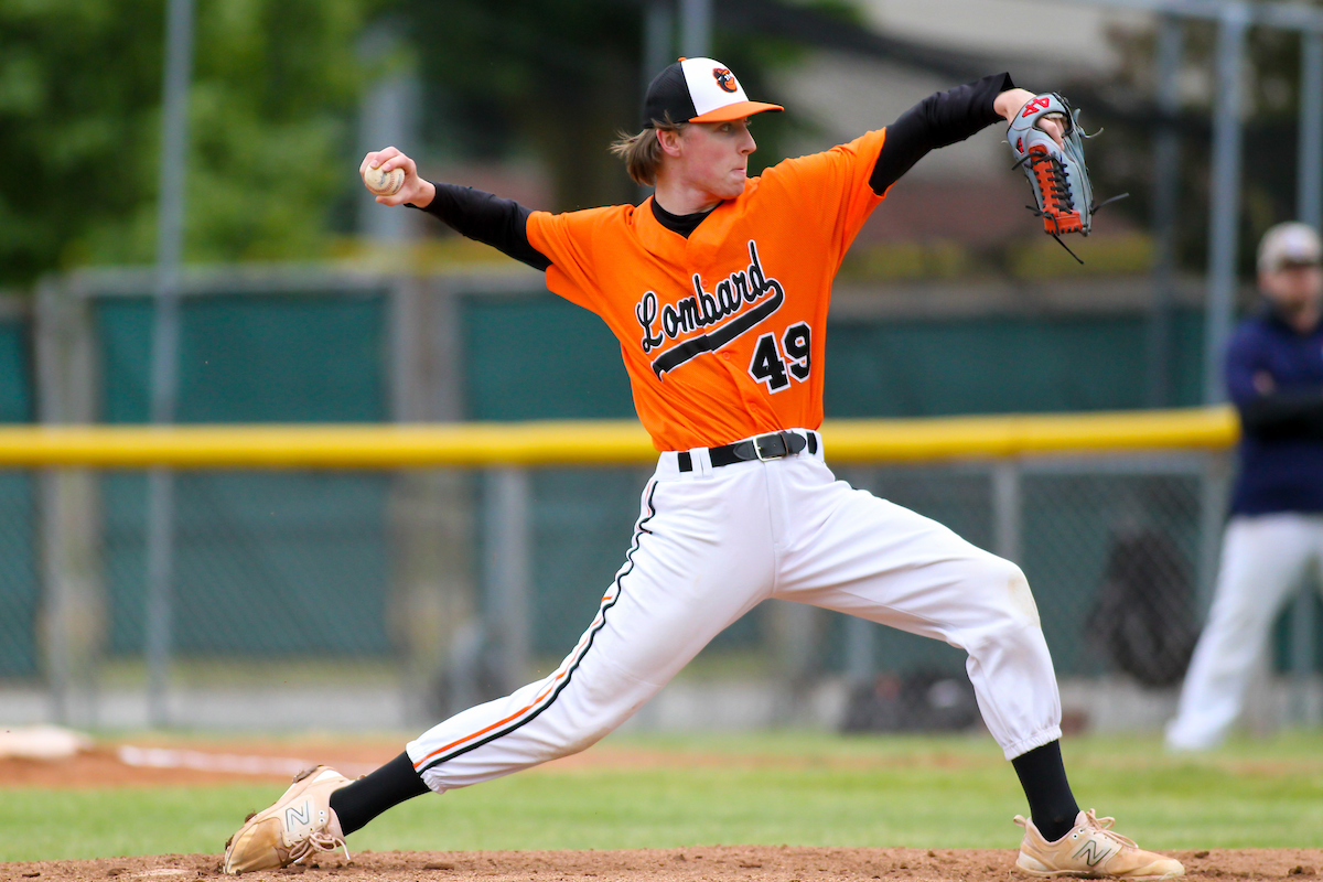 Lombard Orioles pitcher Drew Piaskowy (49) during a game against the Green Bay Blue Ribbons on June 11, 2023 at Wildwood Baseball Park in Sheboygan, Wisconsin. (Brad Krause/Krause Sports Photography)