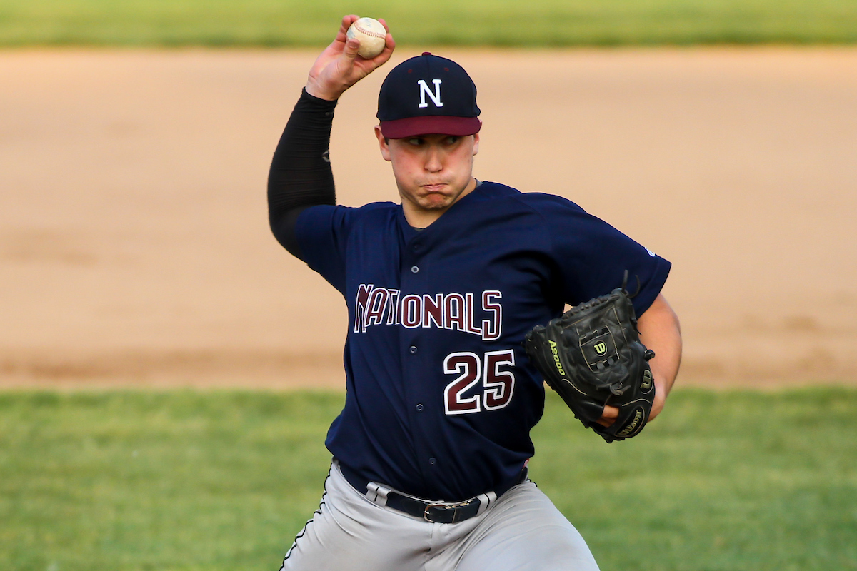 West Allis Nationals starting pitcher Mike Hoefgen (25) during a game against the Green Bay Blue Ribbons on June 17, 2023 at Joannes Stadium in Green Bay, Wisconsin. (Brad Krause/Krause Sports Photography)