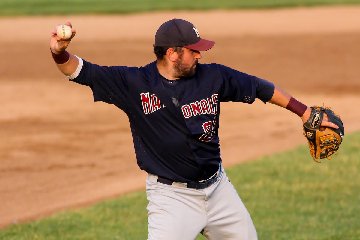 West Allis Nationals third baseman Kyle Kalkopf (22) during a game against the Green Bay Blue Ribbons on June 17, 2023 at Joannes Stadium in Green Bay, Wisconsin. (Brad Krause/Krause Sports Photography)