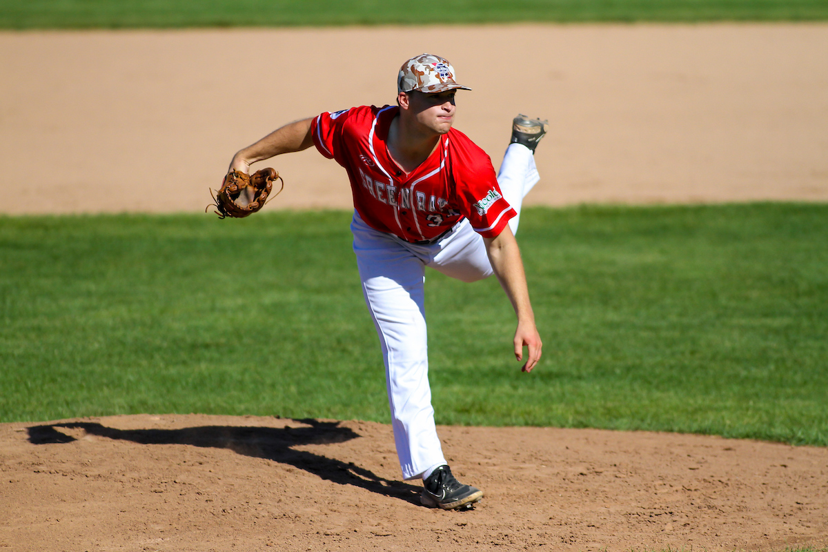 Green Bay Blue Ribbons pitcher Owen Deprez (34) during a game against the West Allis Nationals on June 29, 2024 at Joannes Stadium in Green Bay, Wisconsin. (Brad Krause/Krause Sports Photography)